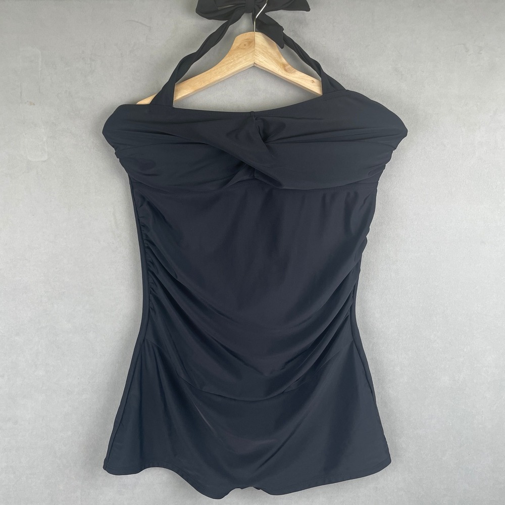 Black Halter Ruched One Piece Maternity Stretch Swimsuit Boyshort Bottom M Pinup
